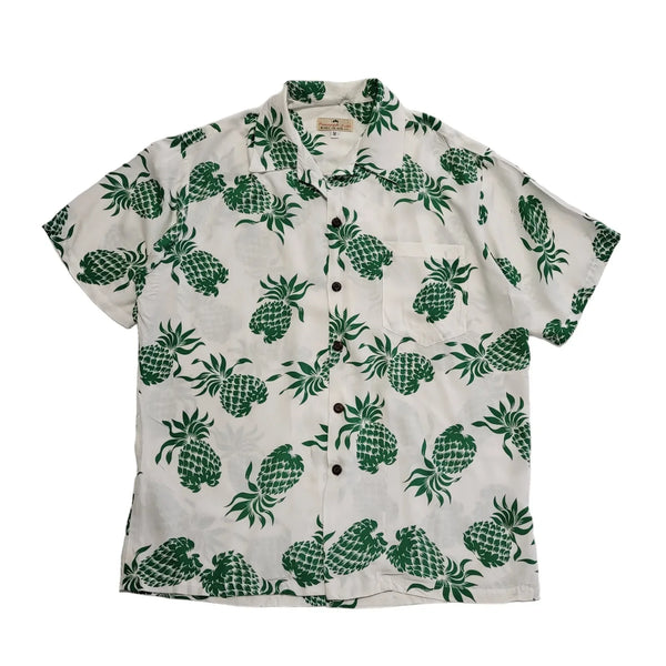 Pineapple Juice Vintage 80's  Green White Hawaiian Shirt Mens UK XL (USA M)