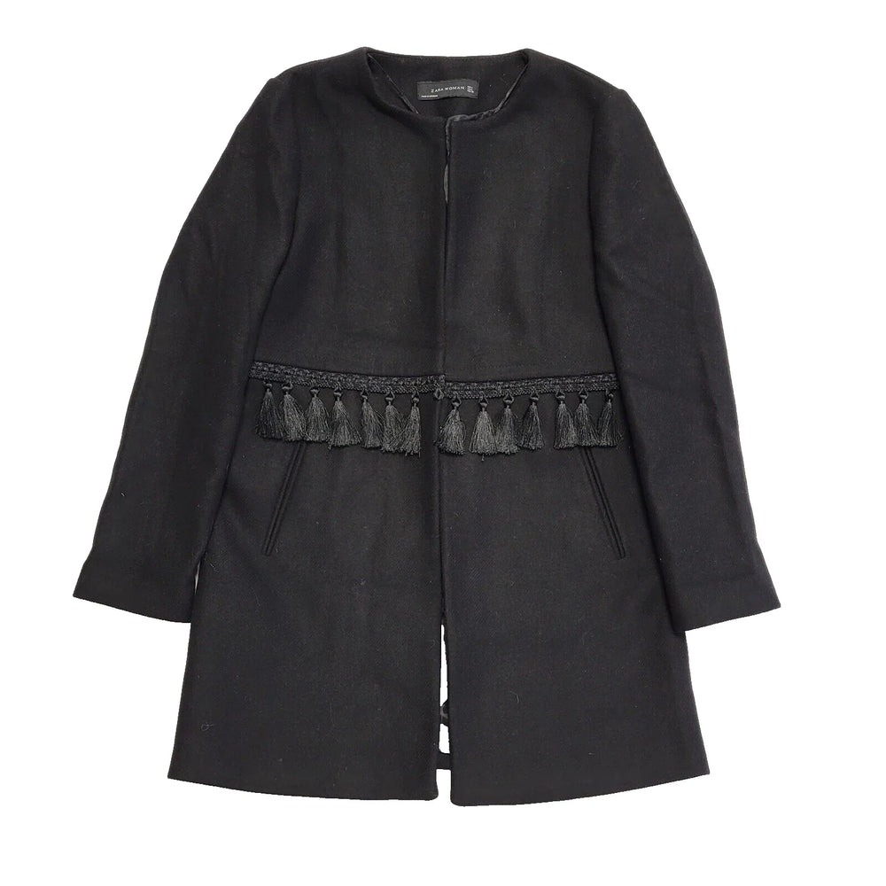 Zara Women Black Tassel Sleeve Coat Women's UK L BNWT H858