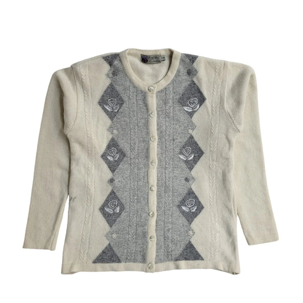 Fragrance Vintage 90's Cream & Grey Knitted Cardigan UK Women's Size S/M
