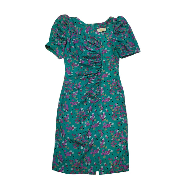 80s Vintage Jill Fitzsimon Green Floral Silk Evening Dress Women's Size 8