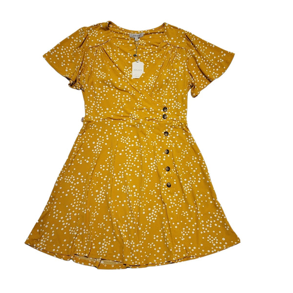 Oasis Yellow Polka Dot V-Neck Wrap Fit & Flare Dress UK Women's L 12 K891
