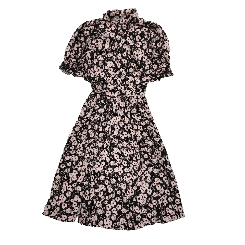 Oliver Bonas Black Lilac Floral Pleat Shirt Dress Uk Women's L 12  Bnwt L336