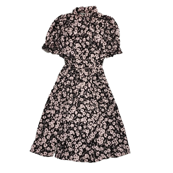 Oliver Bonas Black Lilac Floral Pleat Shirt Dress Uk Women's L 12  Bnwt L336