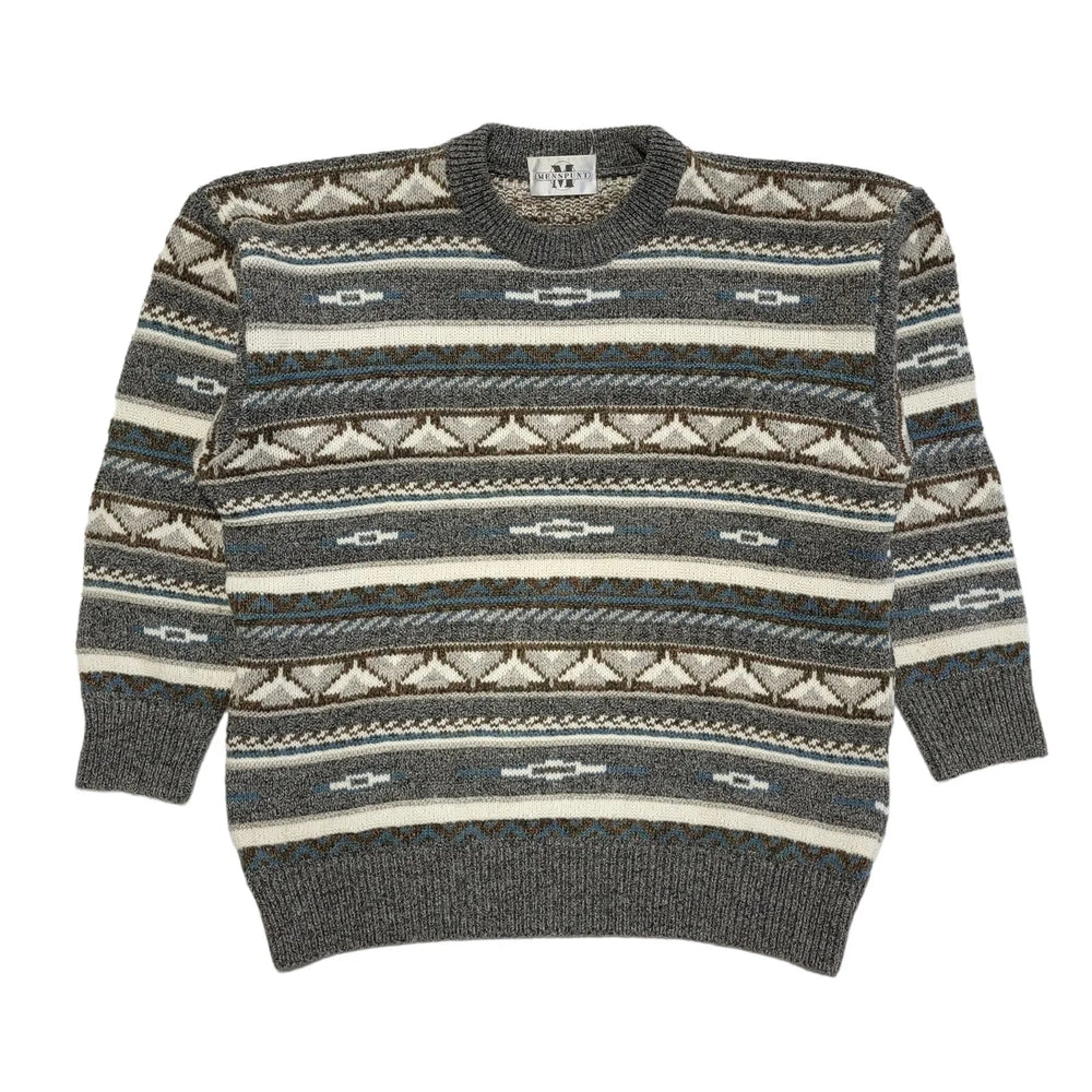 Menspunt Vintage 80s Grey Blue Geometric Crew Neck Jumper Men's UK L