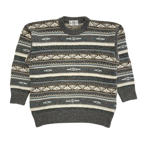 Menspunt Vintage 80s Grey Blue Geometric Crew Neck Jumper Men's UK L