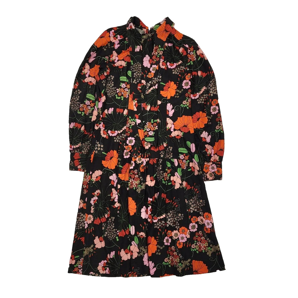 Tru Poise Fashions 70s Vintage Black & Orange Floral Long Sleeve Dress Womens 12