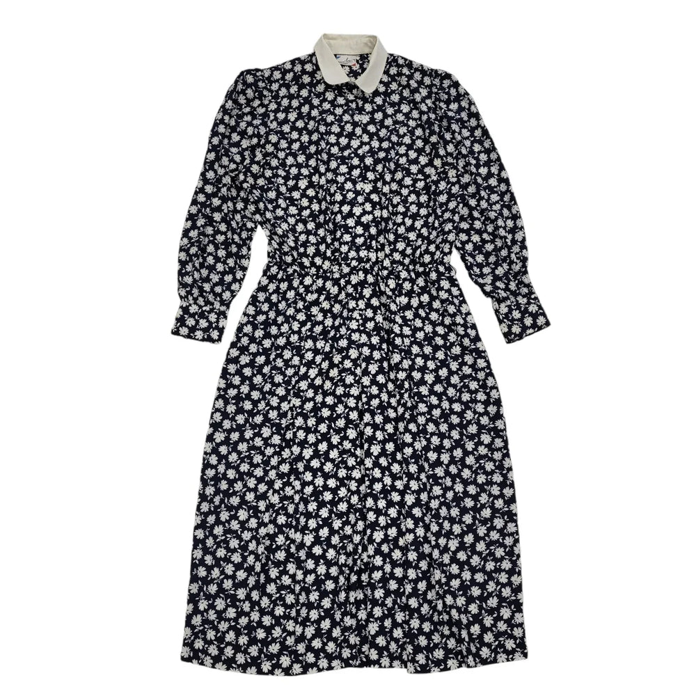 Gerard Pasquier French 80s Navy & White Floral Collared Dress Women's 14