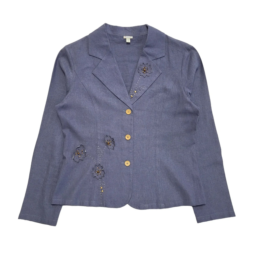 Damart Vintage 80's Blue Button Front Linen Dress Jacket Uk Women's Size 12