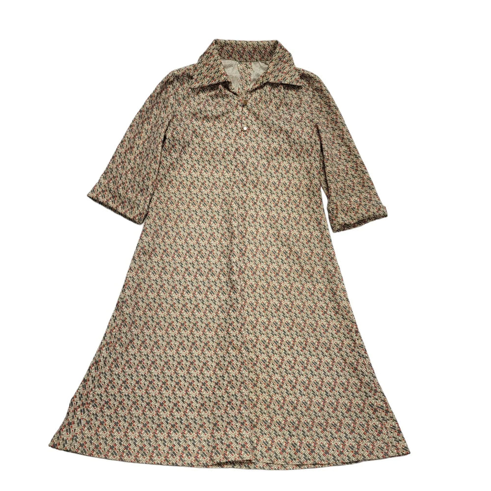 70s Vintage Beige Geometric 3/4 Sleeve A-Line Dress Women's 12