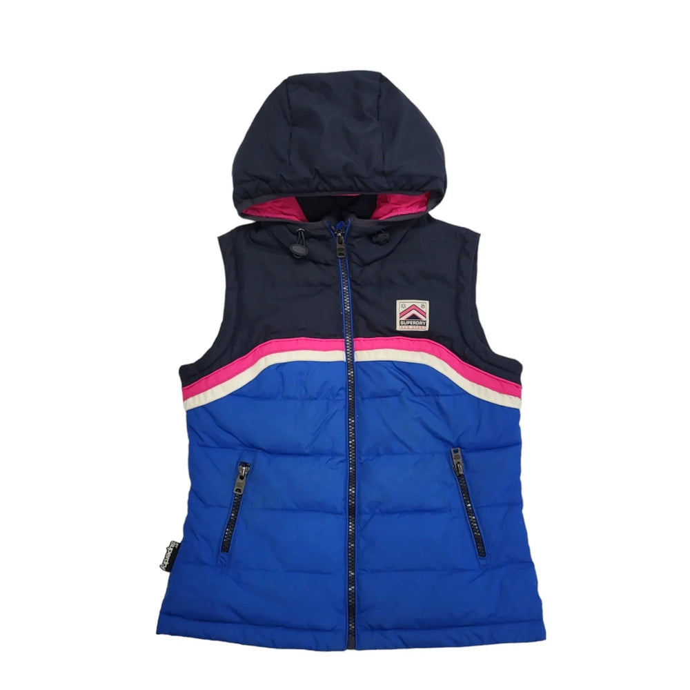 Superdry Blue Pink Zipped Hooded Quilted Gilet Uk Women's Small BB650