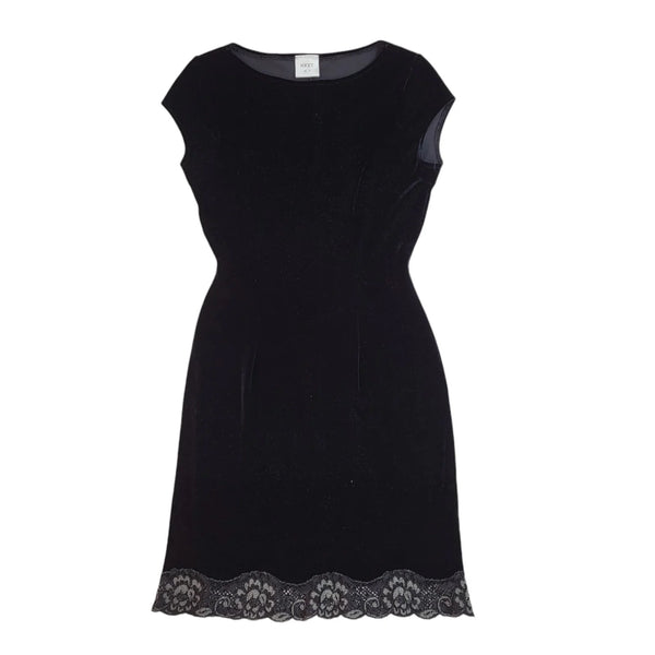 Next 90's Black Velour Lace Trim Knee Length Dress UK Women's Size 8