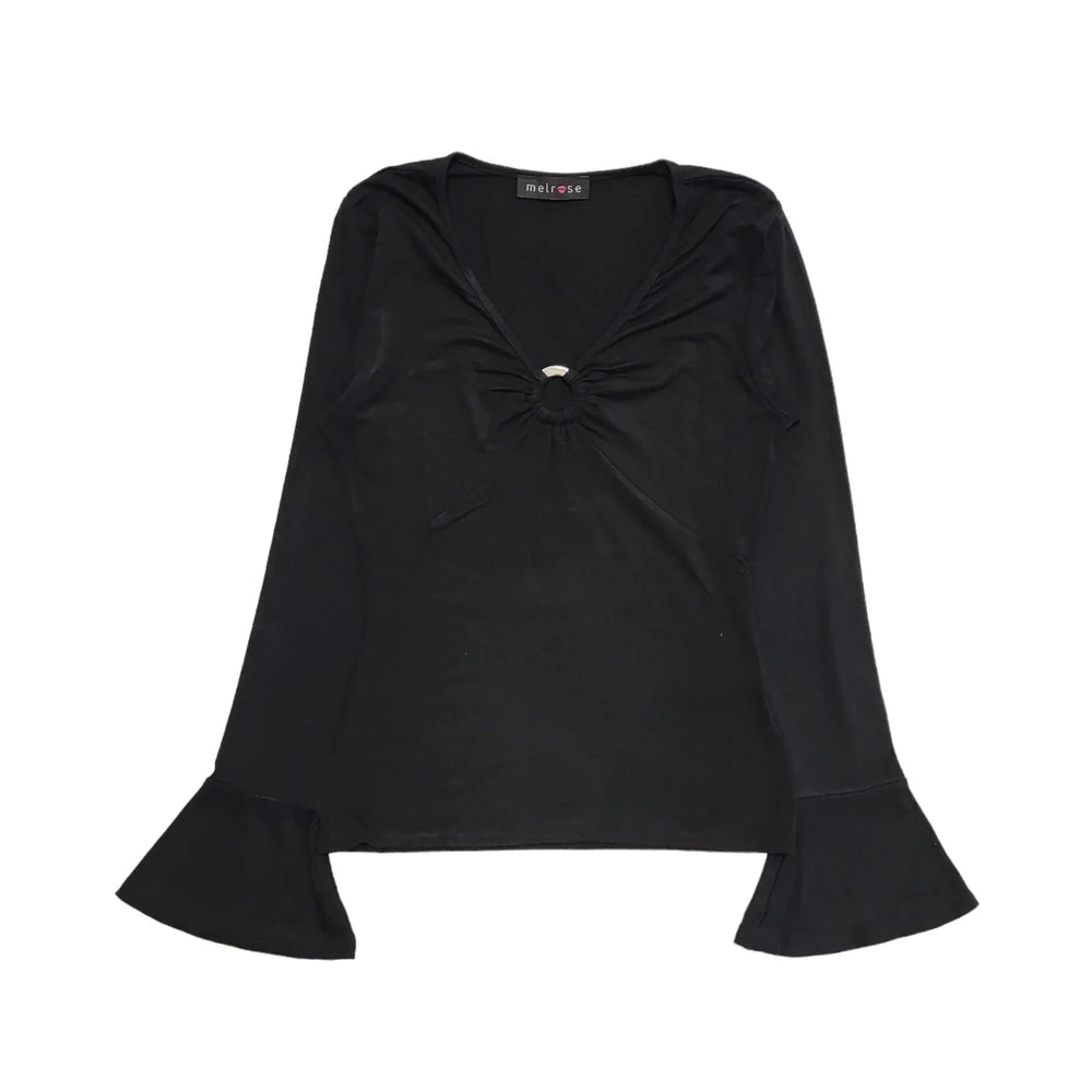 Melrose Vintage Y2K Black Metal Ring Detail Flared Sleeve Top Womens UK Size 10?