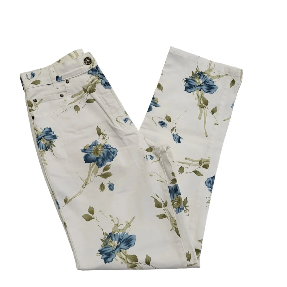 Marco Pecci White Blue Floral Straight Leg Denim Jeans Uk Women's 8 W26 L30