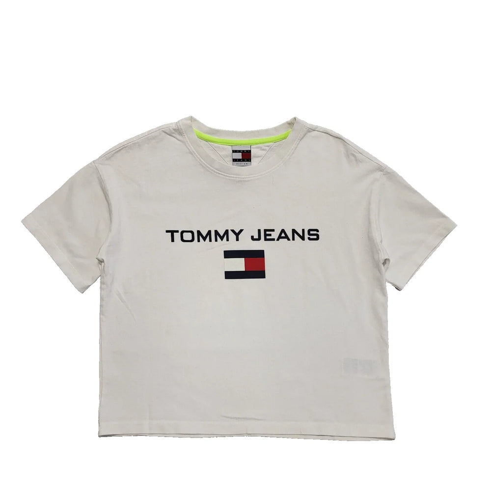 Tommy Jeans White Cropped Round Neck Short Sleeve T-Shirt Uk Women's M L526
