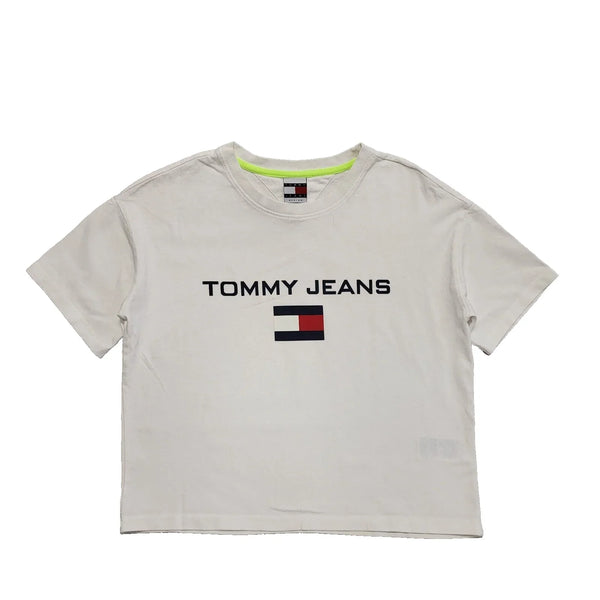 Tommy Jeans White Cropped Round Neck Short Sleeve T-Shirt Uk Women's M L526
