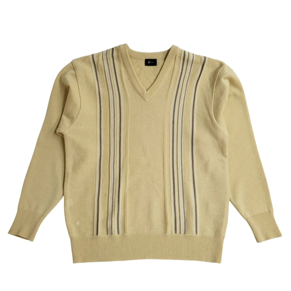 Gabicci Yellow Striped V-Neck Vintage 90's Jumper Men's UK M