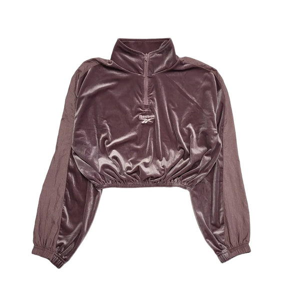 Reebok Sweatshirt 1/4 Zip Cropped Purple Velour Womens UK Size Small BB73