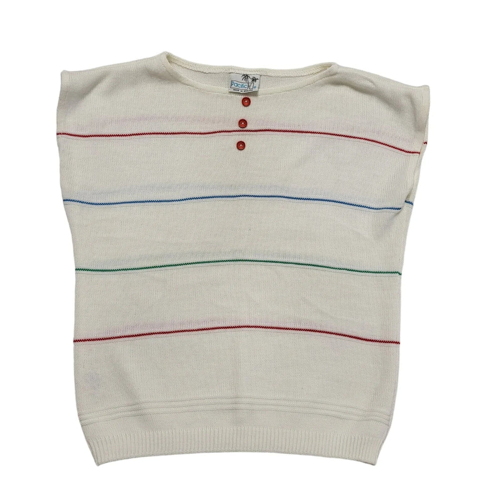 Pacific 80s Vintage White Striped Sleeveless Top Uk Women's Size 16