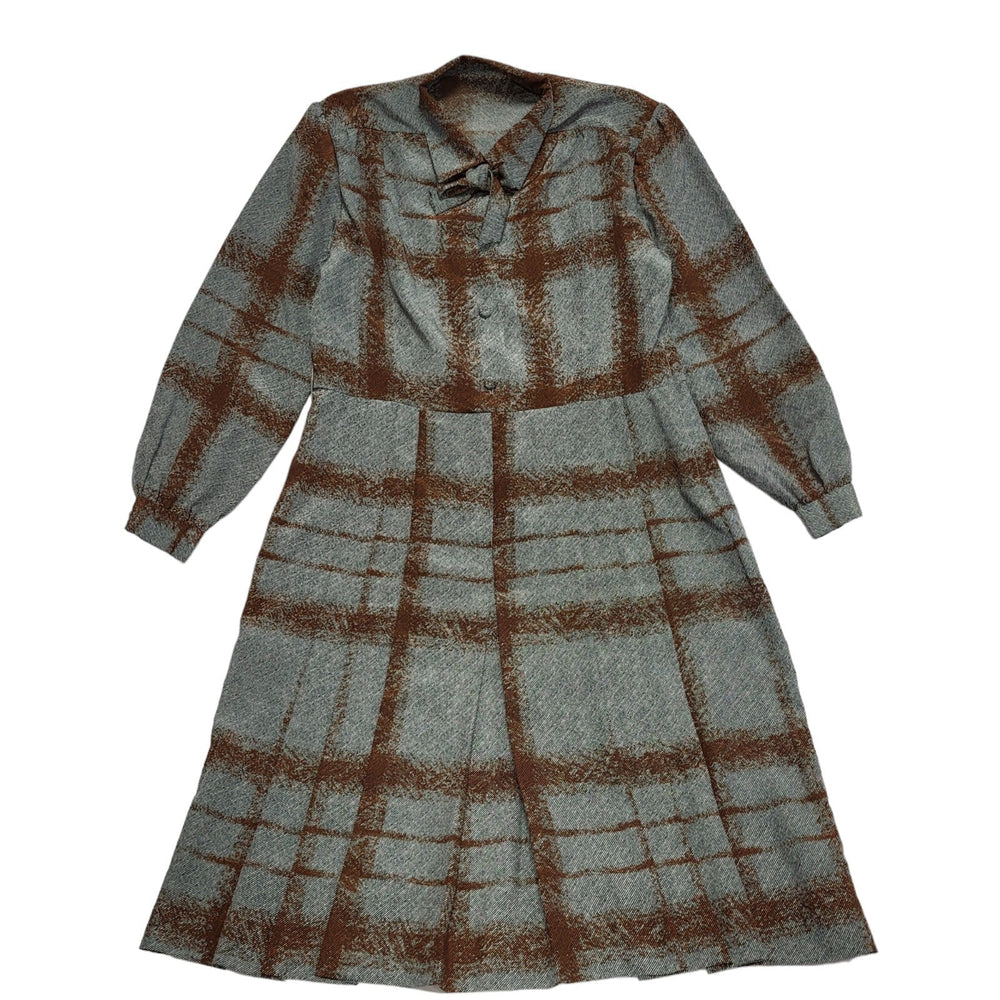 80s Vintage Grey & Brown Check Collared & Pleated Dress Women's 12/14
