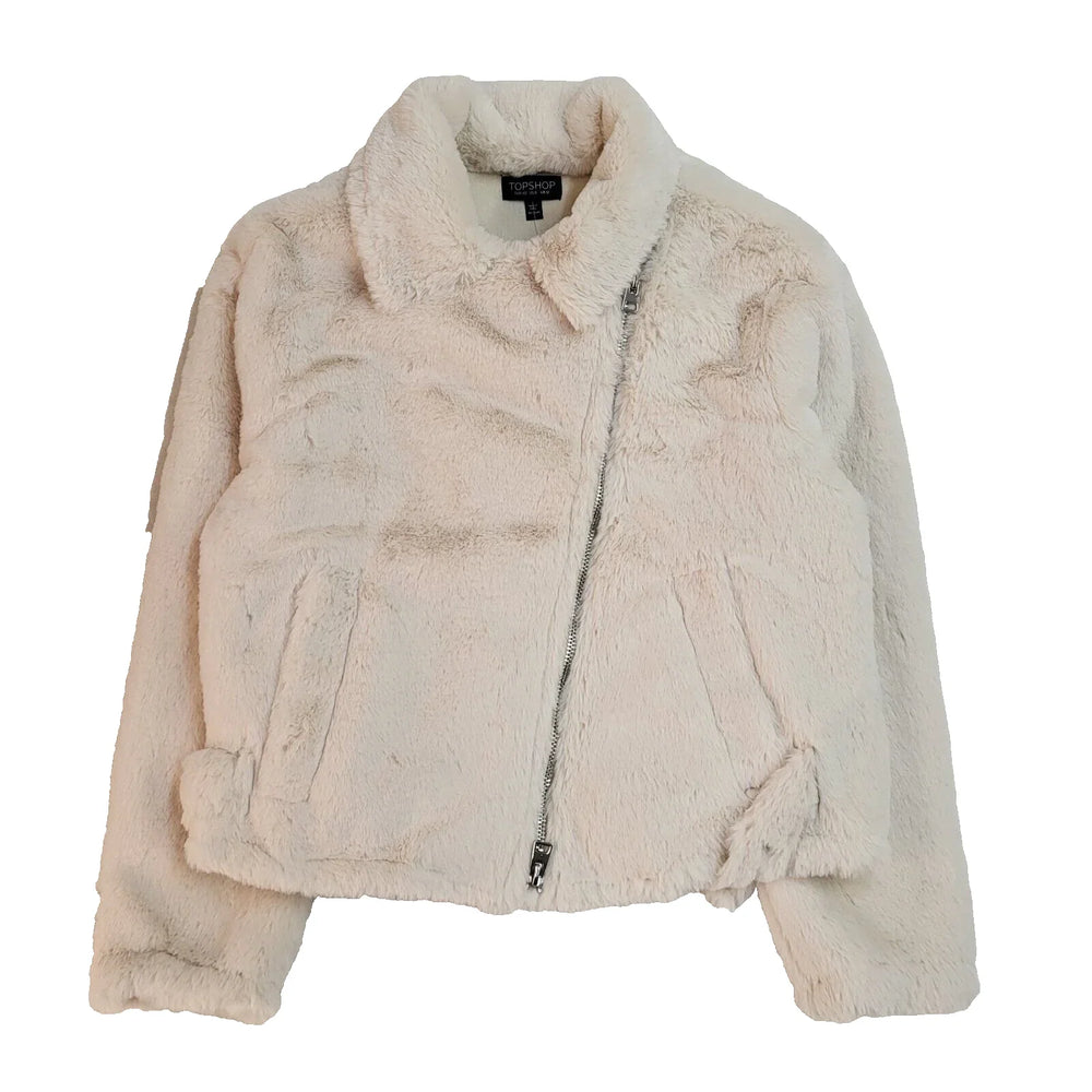 Topshop White Zipped Fleece Jacket Uk Women's Size 12 EE279