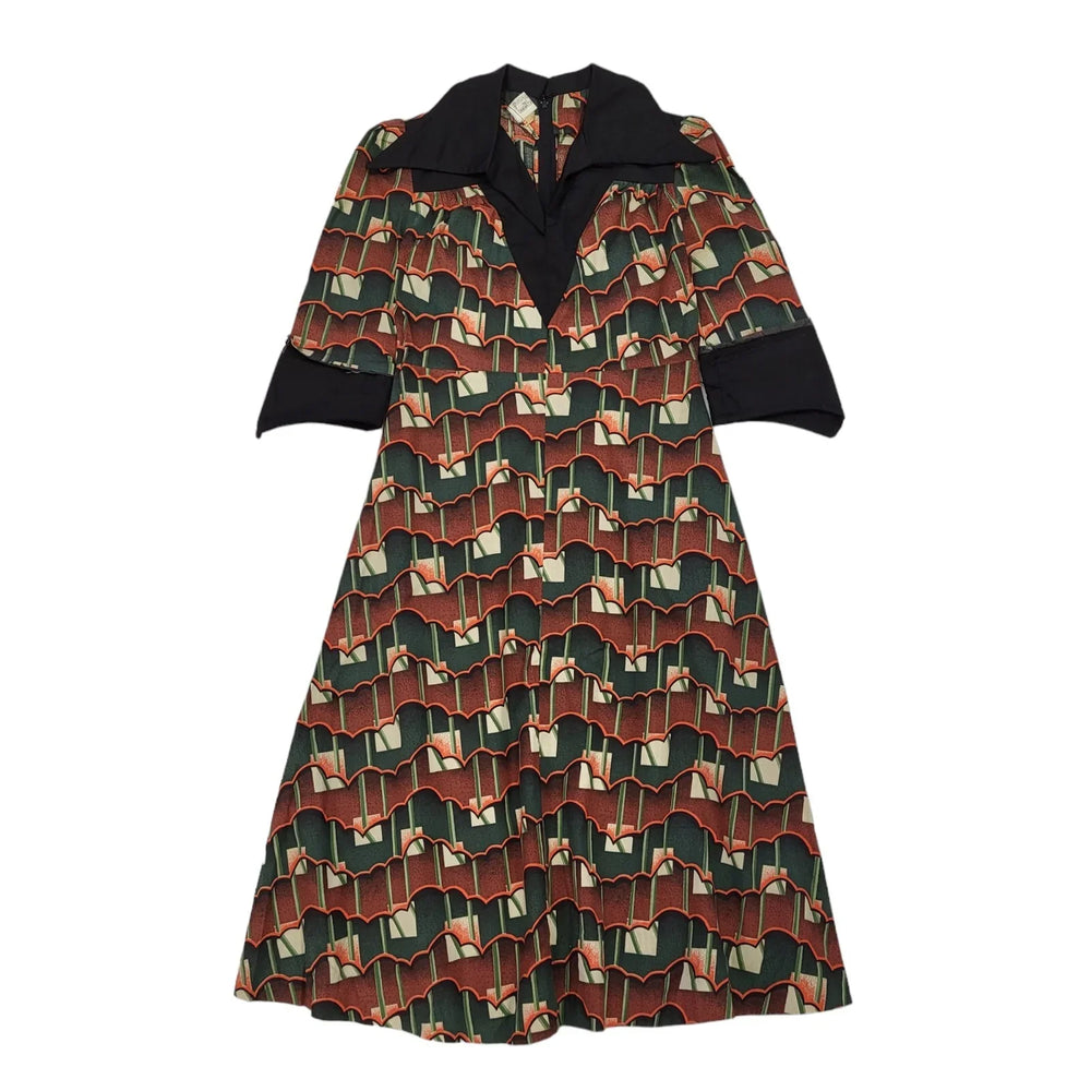 70s Vintage Brown & Green Geometric Collared Daywear Dress Women's UK 8