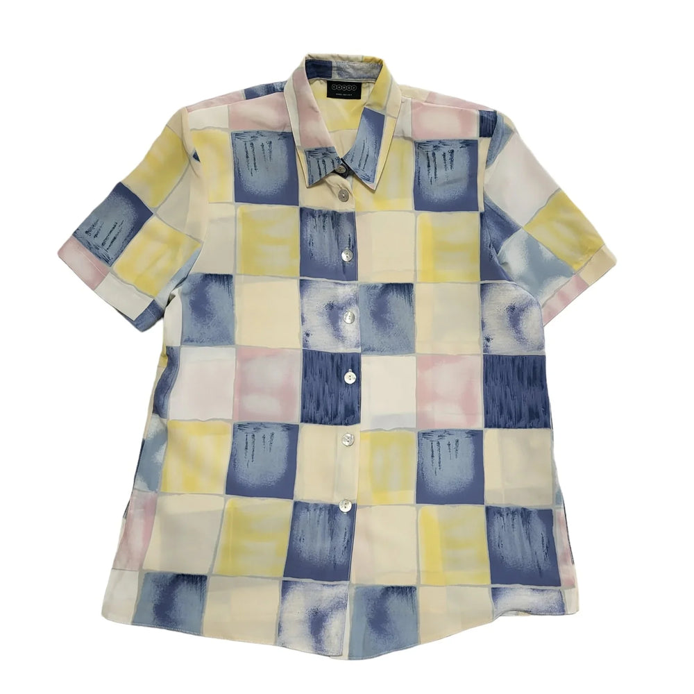Canda Vintage 80s Abstract Check Mother Of Pearl Button Blouse Women's Uk 12
