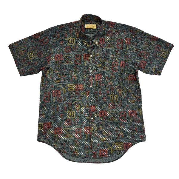 Golden So-End Vintage 80's Green & Red Retro Short Sleeve Shirt Mens UK Size L