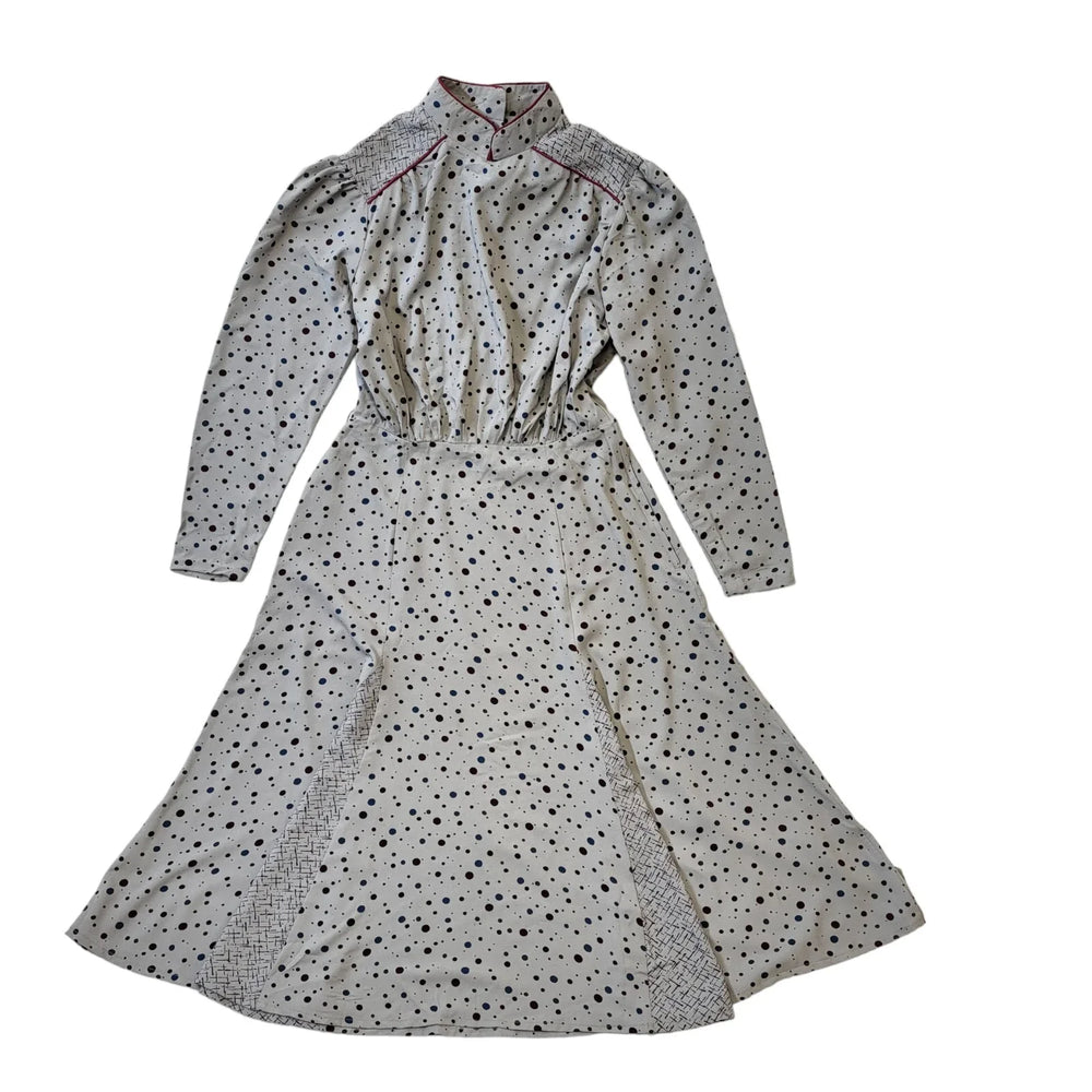 Fiona Dresses 70s Vintage Grey & Burgundy Dotty Dress Women's Size 12