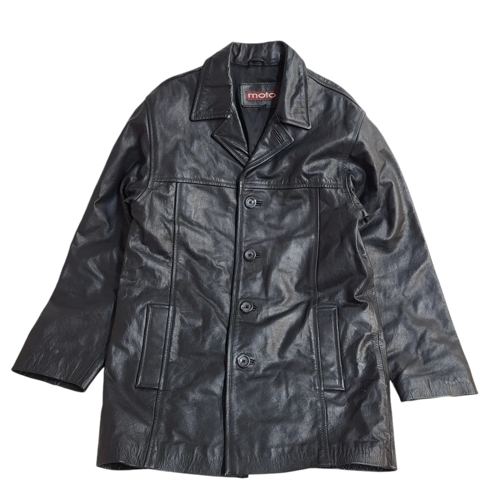 Moto Vintage 90's Black Button Leather Coat UK Men's Size Small