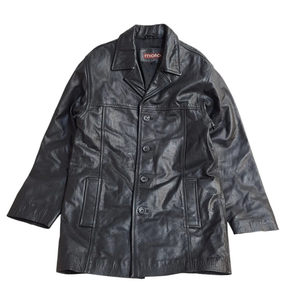 Moto Vintage 90's Black Button Leather Coat UK Men's Size Small
