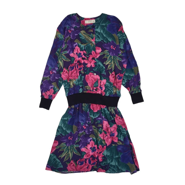 St Michael 80s Vintage Purple & Green Floral Daywear Dress Women's Size 12