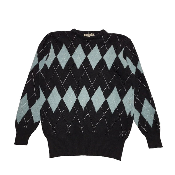 Windsmoor 80's Black & Blue Diamond Patterned Jumper UK Women's Size L