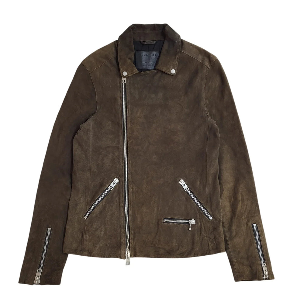 Allsaints Brown Zipped Suede Leather Jacket Uk Women's Size XS EE504