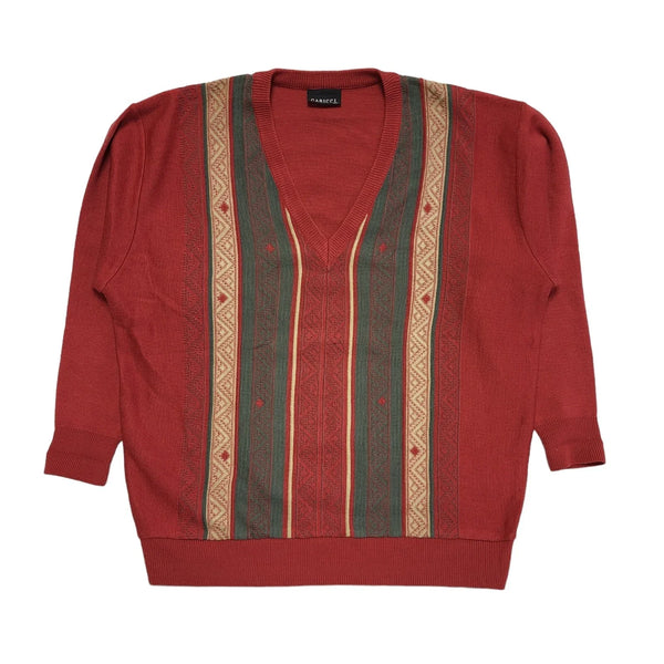 Gabicci Vintage 80s Red Green Striped V-Neck Jumper Men's UK 2XL