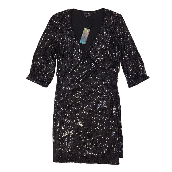 Pearl Lowe 3/4 Sleeve Evening Wrap Dress Black Uk Women's 12 Bnwt L679
