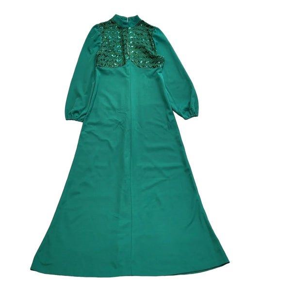 Vintage 70's Green Zip Evening Sequin A-Line  Dress Uk Women's Size 14