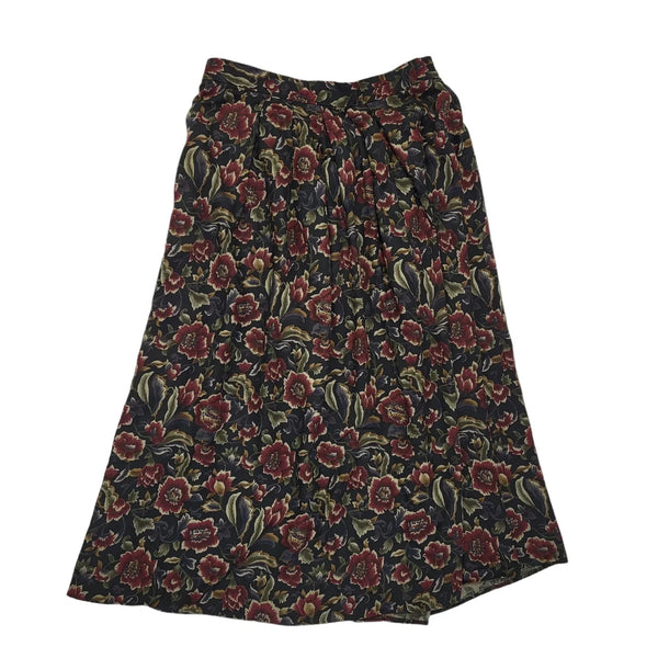 Marks & Spencer 90s Vintage Black, Red & Green Floral Skirt Women's Size 16 W34