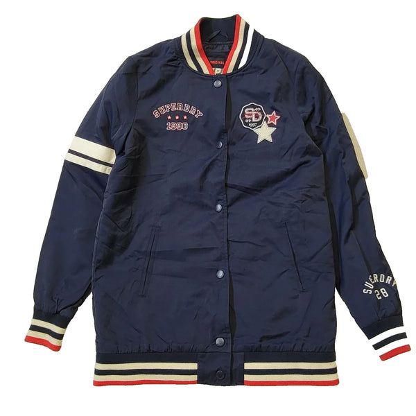 Superdry 1990 Snap Fasten Navy Blue Varsity Jacket Uk Women's 6 G701