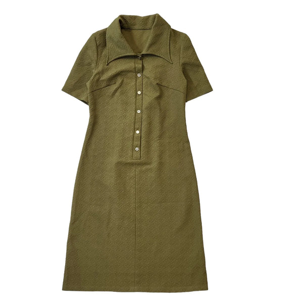 70s Vintage Green Collared Short Sleeve Daywear Dress Women's Size 10/12 Eu 40