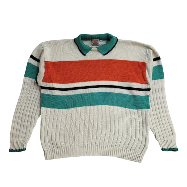 Best Direction Vintage 90's White Green Collared Jumper UK Men's Size L