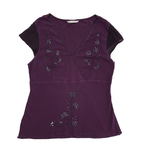 Ameranto Vintage 90s Purple Floral Sequin Short Sleeve Top Womens UK 16