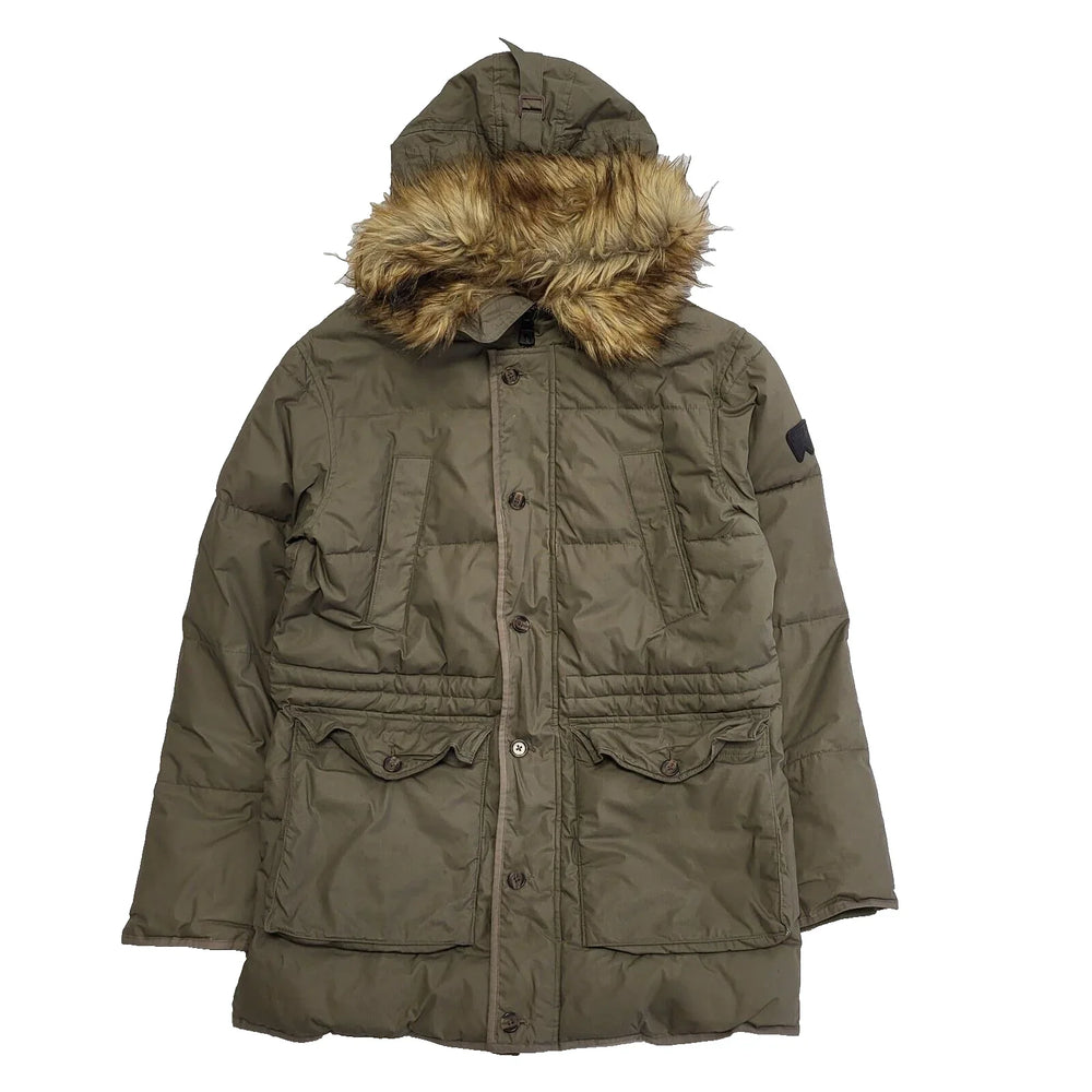 Wrangler Green Zip & Button Fur Trim Cotton Hood Parka Coat Men's UK S H863