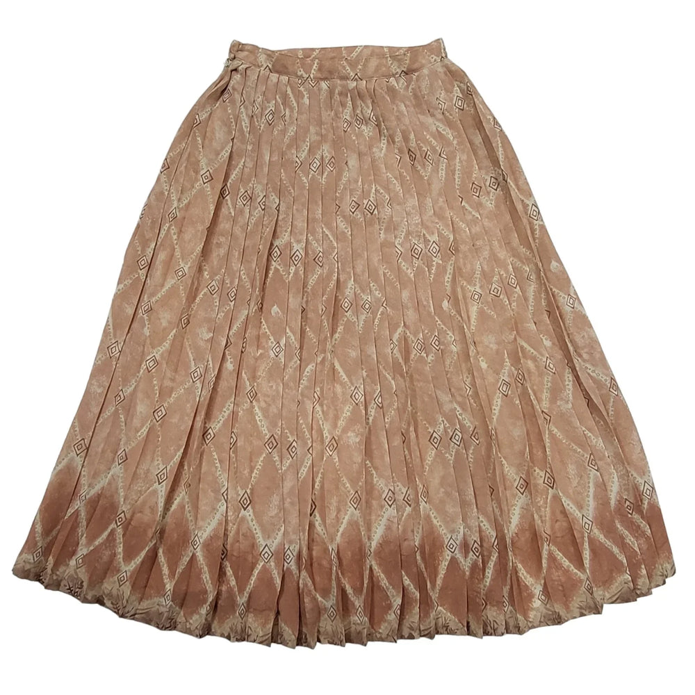 80's Vintage Beige Diamond Patterned Pleated Skirt Women's 8/10