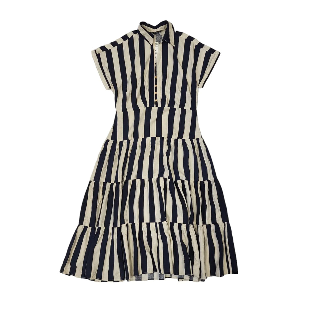 Zara Blue Cream Striped Short Sleeve Shift Dress Uk Women's Size L Bnwt EE134
