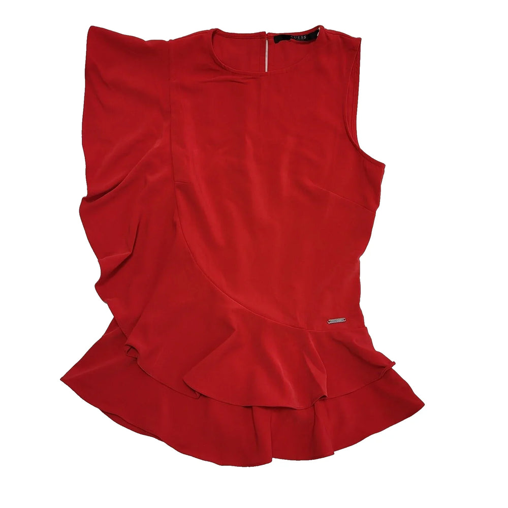 Guess Red Ruffle Bottom Sleeveless Round Neck Top UK Women's XS 6 BNWT K233