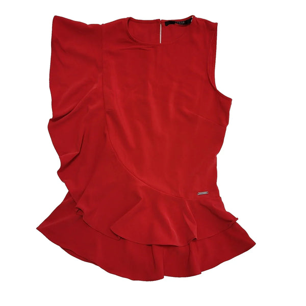 Guess Red Ruffle Bottom Sleeveless Round Neck Top UK Women's XS 6 BNWT K233