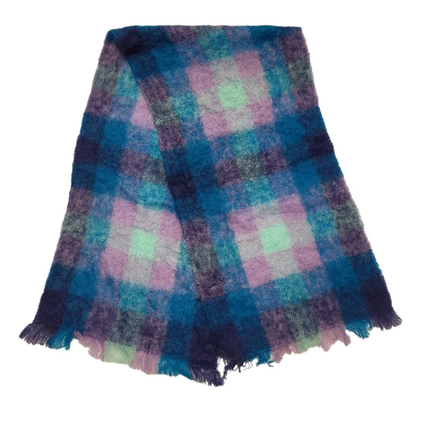 Prova Blue & Purple Checked Wool & Mohair Winter Scarf size 62"  x 15" DD127