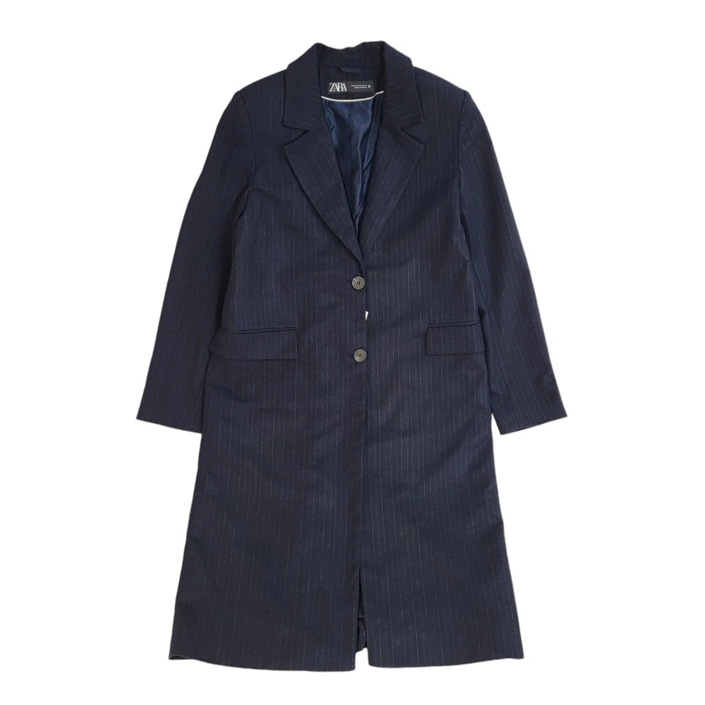 Zara Navy Blue Striped Over Coat UK Women's Size XS Bnwt EE976