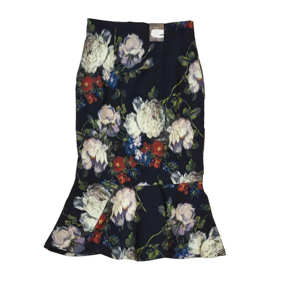 M&S Black Floral Pencil Ruffle Midi Evening Skirt Women's UK 10 BNWT W28 H812