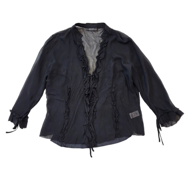 Principles Y2K Black Sheer Tie Front  Ruffle Blouse Women's 14
